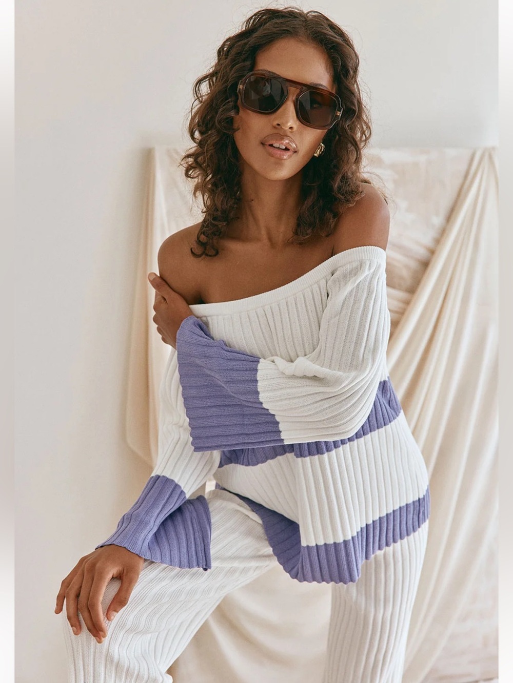 SABO 2 Piece Cuba Knit Off Shoulder Top & Wide Leg Pant Set